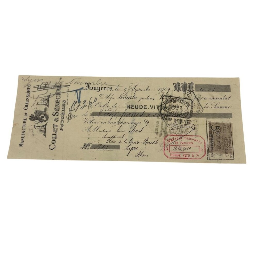 1909 French Bank Check Collet & Senechal w/ Tax Stamp Calligraphy Signatures